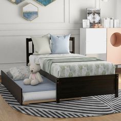 Twin Size Platform Bed Wood Bed Frame With Trundle Platform Bed Wood, Platform Bed With Trundle, Solid Wood Bed Frame, Modern Platform Bed, Bed With Trundle