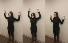 three pictures of a woman standing in front of a wall with her hands up to the side