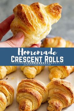 croissant rolls being held up in front of the camera with text overlay that reads homemade crescent rolls