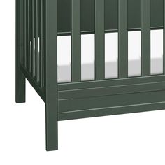 a green crib with white sheets on the bottom and side rails, in front of a white background