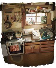 a kitchen with pots and pans on the stove