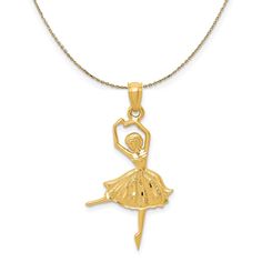 14k Yellow Gold Diamond Cut Dancing Ballerina Necklace Ballerina Necklace, Dancing Ballerina, Bow Jewelry, Jewelry Companies, Black Bow, Diamond Cut, Cable Chain, Lobster Clasp, Gold Diamond