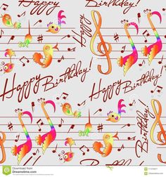 colorful music notes and birds with happy birthday written in the middle on a white background