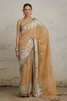 Beige tussar silk saree with silver gota and aari applique hand embroidery. Comes with an unstitched blouse piece. - Aza Fashions Embroidered Saree, Tussar Silk Saree, Hand Applique, Blouse Piece, Aza Fashion, Silk Saree, Silk Sarees, Hand Embroidered, Hand Embroidery