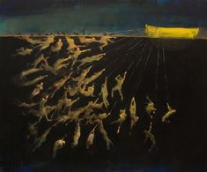 an oil painting of people floating in the water with one person holding a string above their head