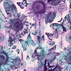 butterflies and sunflowers on a purple background