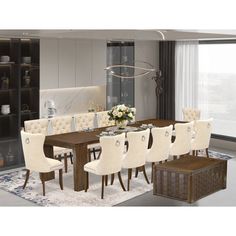 a dining room table surrounded by white chairs