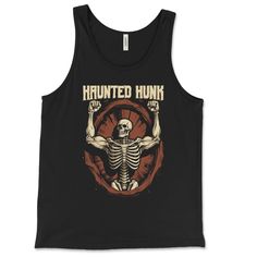 Haunted Hunk" - Gay Halloween Skeleton Flexing Tank Top - Hunky Tops Gothic Sleeveless Top With Skull Print, Halloween Grunge Sleeveless Vest, Grunge Sleeveless Vest For Halloween, Sleeveless Grunge Vest For Halloween, Halloween Black Tank Top For Streetwear, Halloween Streetwear Tank Top, Halloween Streetwear Sleeveless Tank Top, Halloween Grunge Graphic Print Tank Top, Grunge Halloween Graphic Print Tank Top