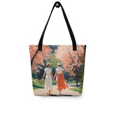 A trendy and spacious tote bag that's perfect for carrying all your essentials with style and comfort. Stay organized on the go and enjoy FREE SHIPPING to the US, Canada, EU, and UK. The artwork A picturesque walk amidst nature’s bloom, this artwork captures the essence of spring. Two women stroll under a canopy of cherry blossoms, symbolizing renewal and grace. Each brushstroke reflects the beauty and harmony of nature’s awakening, offering a sense of calm and inspiration. The tote bag Our tote Brush Strokes, Spring Time, Cherry Blossom, Oeuvre D'art, Tote Bag, Iphone, Art