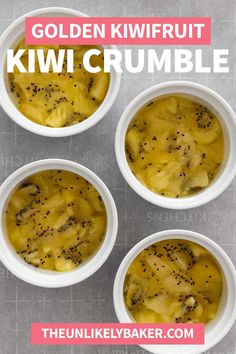 four small bowls filled with kiwi crumble on top of a gray tablecloth