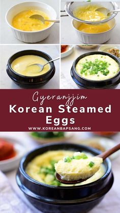 Gyeranjjim (Korean Steamed Eggs) Korean Steamed Eggs, Asian Egg Recipe, Korean Steamed Egg, Banchan Recipe, Easy Korean Recipes, Asian Side Dishes, Korean Side Dishes, Steamed Eggs, Korean Cooking