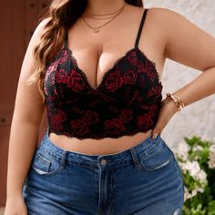 Never Worn. Spaghetti Strap. Black And Red Lace. Crop Cami. Slight Stretch. 95% Polyester, 5% Elastane. Plus Size Crop Top, Diy Crop Top, Plus Size Crop Tops, Top Braid, Festival Crop Tops, Girls Overalls, Graduation Outfits, Lace Cami Top, Floral Cami