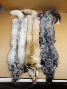 four different colored furs laying on top of each other in an open cardboard box