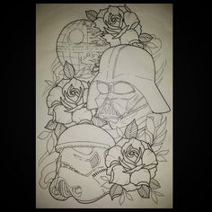 a drawing of a star wars tattoo with roses and a storm trooper helmet on it