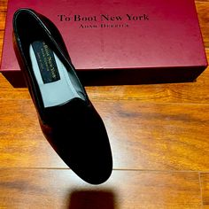 Black Slip On Perfect For A Wedding. Elegant Slip-on Loafers For Wedding, Elegant Wedding Loafers Slip-on, Elegant Wedding Slip-on Loafers, Elegant Wedding Loafers With Almond Toe, Classic Closed Toe Evening Loafers, Designer Pointed Toe Evening Dress Shoes, Elegant Low Heel Loafers For Party, Evening Dress Shoes With Almond Toe And Leather Sole, Fitted Almond Toe Dress Shoes For Evening