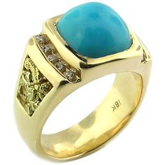 This bright robin’s egg blue of Kingman Mine turquoise is completely natural and looks gorgeous with the rich 18kt gold color. The classic style of this men's ring is a perfect complement to the vivid and distinctive materials used. -Kingman Mine Turquoise (Arizona) -Gold Nuggets -0.30ct Diamonds -18kt Gold -ring size 9.75 -product number: GR-128 -made in USA for Cynthia Scott Jewelry Antique Mens Jewelry, Turquoise Diamond Rings, Natural Gold Nugget, Mens Designer Jewelry, Unique Mens Rings, Gold Nugget, Natural Gold, Vs Diamond, Modern Ring