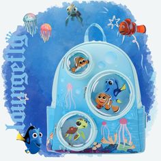 the finding nemo backpack is blue with fish and jellyfish on it's side