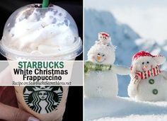 starbucks christmas drinks with snowmen on top and in the background, there is a cup of starbucks frappuccino