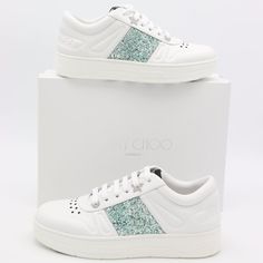 Nib Jimmy Choo Hawaii Glitter Stripe Lace-Up Trainers Sneakers Brand New In Original Box, 100% Guaranteed Authentic!! Mfsrp: $625.00 +Tax Color: White Miami Mint Size: 11/41 (European Designers Tend To Run Small, Please Know Your Correct Sizing Or Ask) Jimmy Choo's Signature Hawaii In White Calf Leather Is The Ultimate Wear-With-Anything Trainer. Sitting On A Platform Sole, The Pared-Back Silhouette Is Updated With A Miami Mint Coarse Glitter Stripe And Accented With A Multitude Of Understated D White Leather Sneakers With Glitter Accents, Sporty Leather Sneakers With Glitter Accents, White Leather Sneakers With Glitter, White Leather Glitter Sneakers, Leather Sneakers With Glitter Accents And Round Toe, Low-top Leather Sneakers With Glitter Accents, Low-top Leather Glitter Sneakers, Jimmy Choo Logo, Jimmy Choo Sneakers