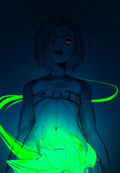 a drawing of a woman with neon green hair and tattoos on her body, standing in front of a blue background