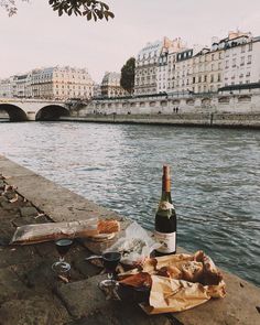 a bottle of wine sitting on the side of a river next to a bunch of food