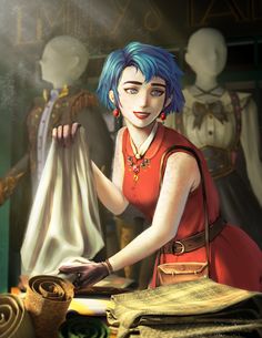 a painting of a woman with blue hair holding up a piece of cloth in her hand