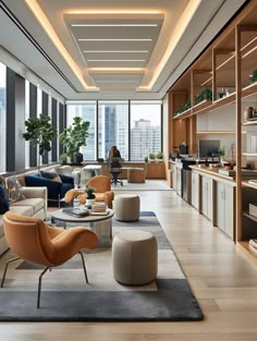 a living room filled with lots of furniture next to a window covered in tall buildings