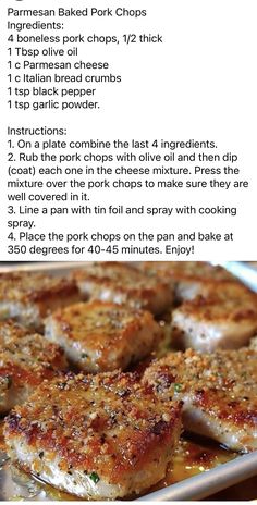 the recipe for baked pork chops is shown in two separate pictures, with instructions on how to cook them