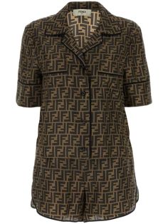 tobacco brown silk signature Zucca monogram pattern notched collar front button fastening short sleeves two chest patch pockets straight hem elasticated waistband Silk Pyjama Set, Fendi Logo, Silk Pajama Set, Versace Outfit, Wedding Guest Looks, Monogram Pattern, Yoko London, Brown Silk, Iconic Bags