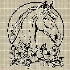 a cross stitch pattern with a horse and flowers