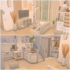 two renderings of a kitchen and living room in different stages of being furnished with furniture