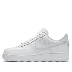 Introducing the Nike Air Force 1 '07 'Triple White' for women. This classic style takes its roots from the iconic 1982 Air Force 1 design, updating it with a modern look and feel for today's trend-conscious wearer. Crafted from white leather featuring a perforated toe box and Swoosh overlays, these sneakers are detailed with Nike heel embroidery and a crisp white sole to complete the look. This versatile sneaker is perfect for hitting the street or hitting the gym - a must-have for any fashionista's wardrobe! Get your pair of Nike Air Force 1 '07 'Triple White' today and take your style to new heights. (AF1/SNKR/Retro/Skate/Low Top/Women's/Non-Slip/Pure White/Wear-resistant) Air Force 1 Size 10, Classic Nike Air Force 1 Low-top, Classic Nike Air Force 1 Low-top For Streetwear, Air Force 1 Design, Air Force Ones Outfit, White Af1, White Air Force Ones, Air Force Women, Shoes Png