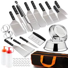 PRICES MAY VARY. INCLUDED Professional ABS handle griddle accessories contain 1 x Hamburger Spatula, Long Cooking Spatula, Perforated Long Spatula, Scraper Chopper, small spatula, bbq fork, small slotted Spatula, large fish spatula, small fish turner, steak knives, grilling tongs, 2 x squeeze bottle, 4 x egg rings, 2 x Melting Dome, 2 x Grill Scraper, Carry Bag, “S” Shape Hanging Hooks HEAVY DUTY Grill spatula blade are made of professional food grade stainless steel, hibachi accessories own erg Pizza Ring, Bbq Patio, Outdoor Griddle, Griddle Accessories, Bbq Tray, Grill Scraper, Stainless Steel Griddle, Flat Top Griddle, Grilling Utensils