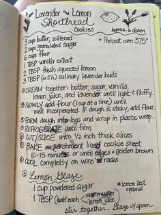 an open notebook with some writing on the pages and instructions for lemon shortbreads