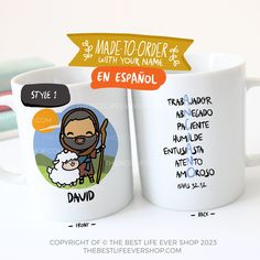 two coffee mugs with the names of jesus and an image of a sheep on them