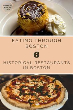 the boston food guide is shown in three different pictures, including an eggplant and cheese