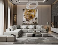 a modern living room with white couches and large paintings