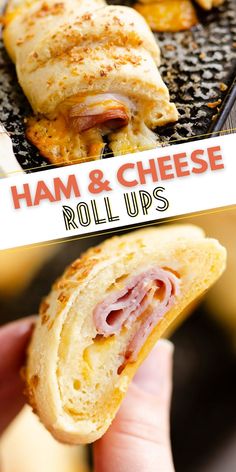 ham and cheese roll ups are being held up in front of the camera with text overlay