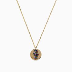 Effy 14K Yellow Gold Multi Sapphire and Diamond Hamsa Necklace, 0.33 TCW Gold Multi-stone Round Pendant Jewelry, Gold Oval Multi-stone Necklace, Gold Multi-stone Necklace Fine Jewelry, Hamsa Necklace, Multi Sapphire, Yellow Stone, Gold Yellow, Round Diamonds, Gold Metal