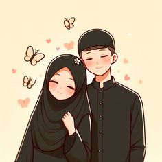 two people standing next to each other with butterflies flying around them and one person wearing a hijab