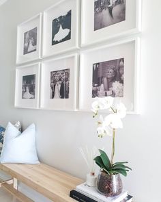 a bunch of pictures are hanging on the wall above a bench with flowers in it