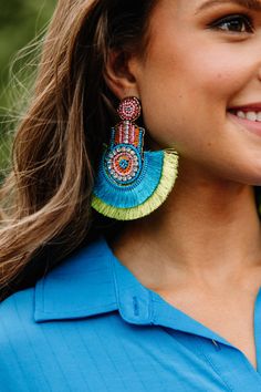 These earrings are so bold and bright they will have you ready to party all night long! These babies really have it all! They have vibrant colors, chic beading, and fabulous fringe detailing! Blue Beaded Fringe Tassel Earrings For Summer, Summer Party Chandelier Earrings With Tassels, Blue Fringe Tassel Earrings For Party, Blue Fringe Beaded Earrings For Party, Blue Beaded Fringe Earrings For Summer, Summer Blue Beaded Earrings With Tassels, Summer Blue Beaded Earrings With Fringe, Summer Party Fringe Earrings, Summer Party Beaded Chandelier Earrings