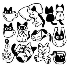 black and white drawing of different types of cats