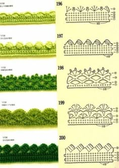 four rows of green crocheted laces with numbers on each row and two rows of