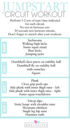 the jump start circuit workout plan is shown in blue and white, with instructions on how to