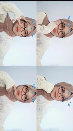 four pictures of a woman with glasses and hair in different angles, all showing the same amount of blue butterflies on her head