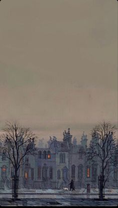 an image of a person walking in the snow at night with trees and buildings behind them