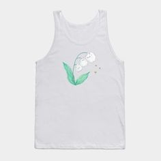 a white tank top with green leaves and flowers on the front, featuring an image of a flower