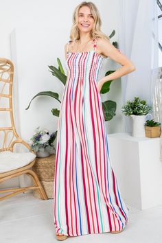 PLUS MULTI STRIPE PRINT JERSEY SMOCKED MAXI DRESS- Plus Stripe smocked maxi dress- Tie shoulder tube dress- Relaxed fit- Multi stripe print jersey - 95% RAYON, 5% SPANDEX- MADE IN U.S.A Style: Casual Print / Pattern: STRIPED PRINT Fit: Relaxed fit Length: Maxi dress Lining: No Made In: Made In U.S.AFabric Contents: 95% RAYON, 5% SPANDEXNon-sheer fabricCare Instructions: Machine wash cold, Do not bleachSize Measurement (inch): 1X: 44.0-46.0 (Bust), 34.0-36.0 (Waist), null (Hips), null (Length) 2X Summer Striped Dress With Smocked Bodice, Multicolor Smocked Bodice Maxi Dress For Day Out, Casual Striped Dresses With Smocked Bodice, Casual Striped Dress With Smocked Bodice, Casual Striped Smocked Dress With Smocked Bodice, Casual Striped Smocked Dress For Spring, Striped Midi Dress With Smocked Bodice, Casual Striped Smocked Dress With Smocked Back, Casual Striped Smocked Dress For Summer