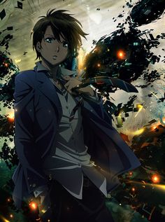 an anime character standing in front of a tree with lights coming from its branches and looking at the camera